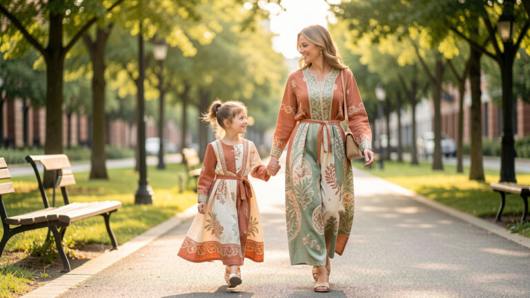 Une femme et sa jeune fille portent des tenues aux couleurs coordonnées mais aux styles différents, dans un parc baigné de lumière douce.