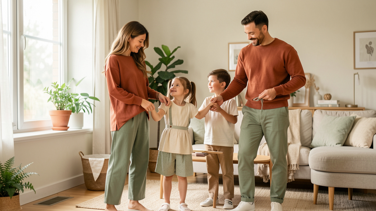 Une famille composée de deux parents et de deux enfants porte des vêtements aux couleurs harmonieuses mais différents, dans un intérieur chaleureux.