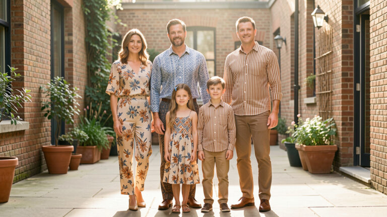 Une famille de quatre personnes porte des vêtements aux imprimés variés et assortis par leurs couleurs, sans adopter un look totalement identique.