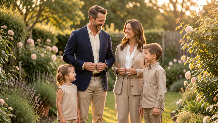 Un homme portant un blazer bleu marine coordonne élégamment sa tenue avec celles d’une femme et de deux enfants dans un jardin lumineux.