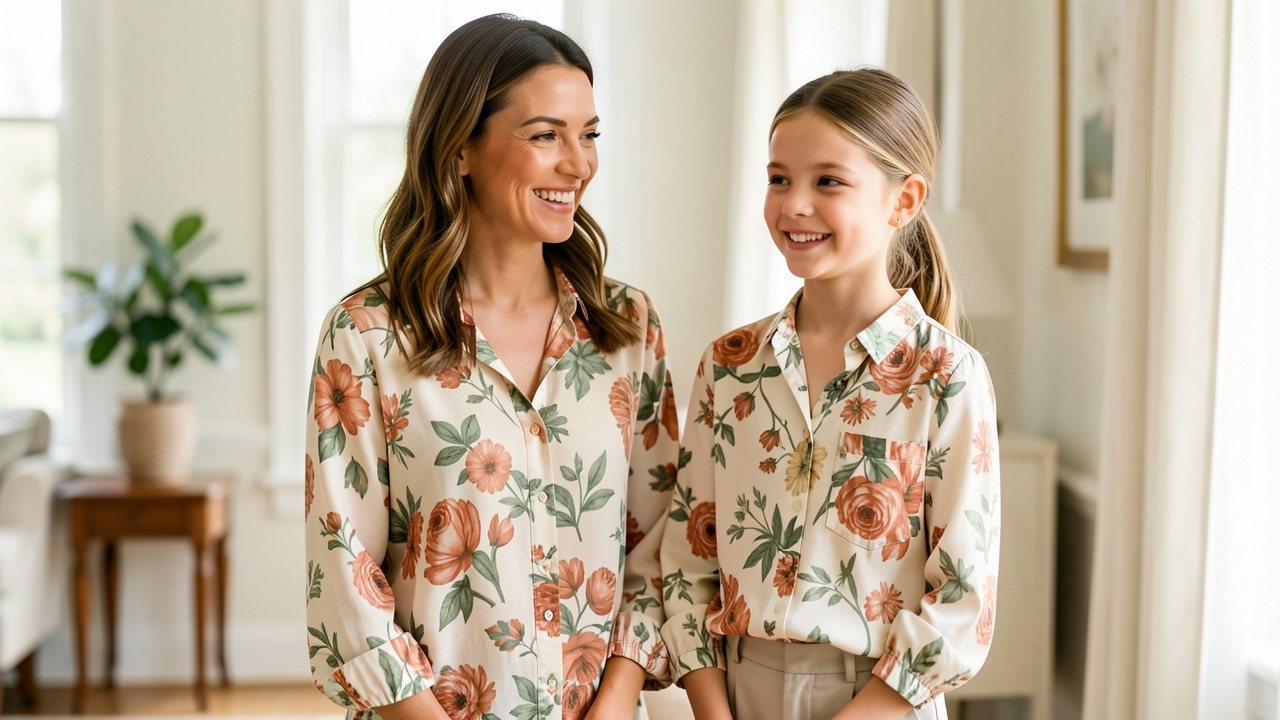 Une femme et une jeune fille portent des blouses à imprimés floraux assortis dans des tons crème, vert sauge et terracotta, dans un intérieur lumineux.