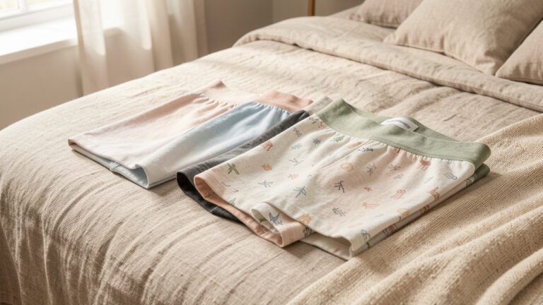 Ensemble de boxers en coton assortis, soigneusement pliés dans des couleurs complémentaires sur un linge naturel.
