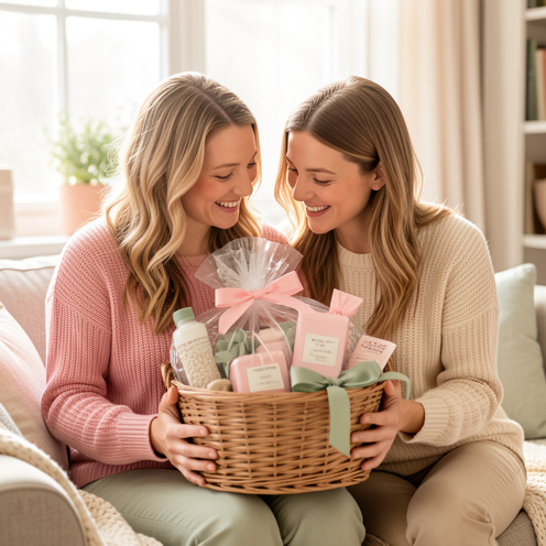 Une mère et sa fille adulte partagent un joli panier cadeau composé d’accessoires assortis dans un salon lumineux.