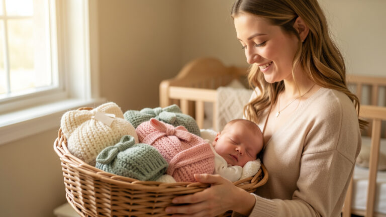 Une jeune maman souriante présente un coffret de naissance assorti pour elle et son bébé endormi, composé d’accessoires tricotés dans des tons crème, rose poudré et vert sauge.