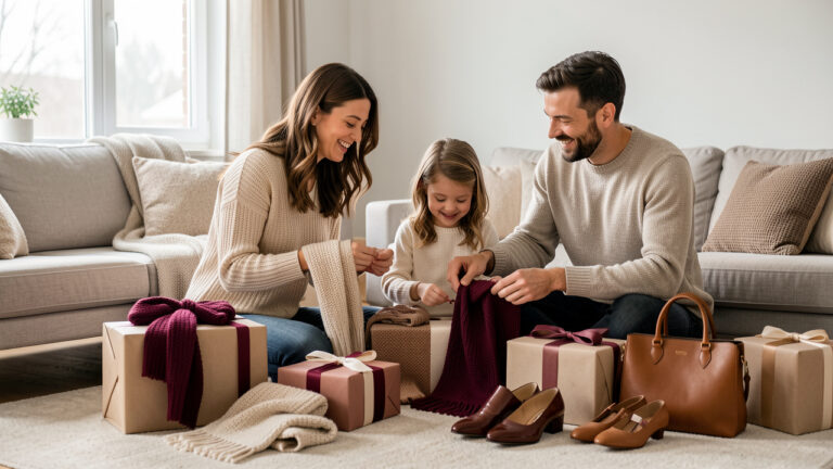 Une femme, un homme et une jeune fille partagent un moment chaleureux autour de cadeaux mode soigneusement emballés dans un salon lumineux.