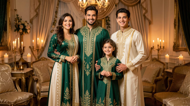 Une famille composée d’une femme, d’un homme, d’une adolescente et d’un jeune garçon porte des tenues inspirées du caftan, coordonnées dans des tons vert émeraude, ivoire et doré, dans un intérieur chaleureux et festif.