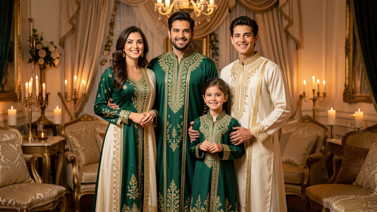 Une famille composée d’une femme, d’un homme, d’une adolescente et d’un jeune garçon porte des tenues inspirées du caftan, coordonnées dans des tons vert émeraude, ivoire et doré, dans un intérieur chaleureux et festif.