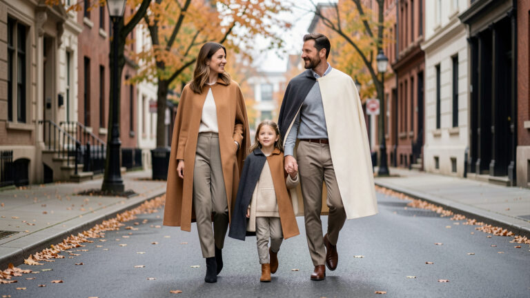 Une femme, un homme et une jeune fille portent des capes modernes assorties dans des tons camel, gris anthracite et crème lors d’une promenade en ville.