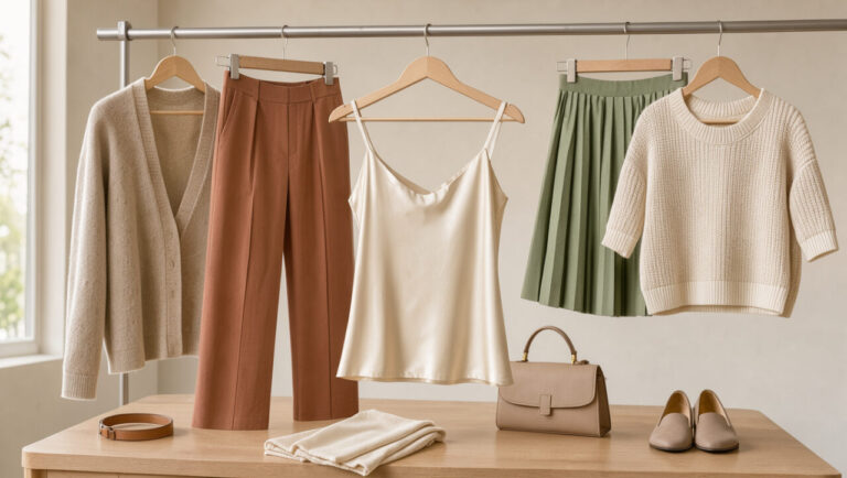 Caraco satiné associé à des vêtements modernes et coordonnés pour une garde-robe familiale, dans des tons beige, crème, terracotta et vert sauge.