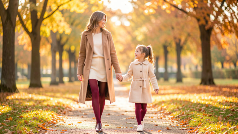 Une femme et une jeune fille portent des collants assortis dans des tons bordeaux et crème lors d’une promenade automnale.