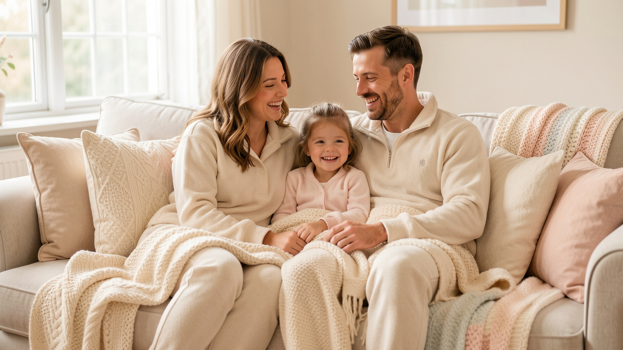 Une femme, un homme et une jeune fille portent des tenues douces assorties et se détendent ensemble sur un canapé dans un intérieur chaleureux.