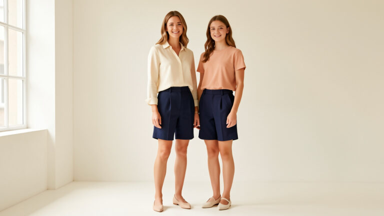 Une femme et une jeune fille portent des tenues élégantes assorties avec des culottes- shorts habillées dans un studio lumineux.