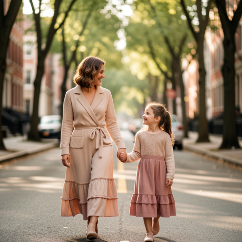 Une mère et sa jeune fille marchent main dans la main dans des tenues coordonnées aux tons beige et rose poudré, dans une rue bordée d’arbres.