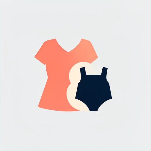 Emblème minimaliste représentant une blouse pour femme et une tenue pour enfant aux formes géométriques harmonieuses, dans des tons corail, pêche, crème et bleu marine sur fond uni.