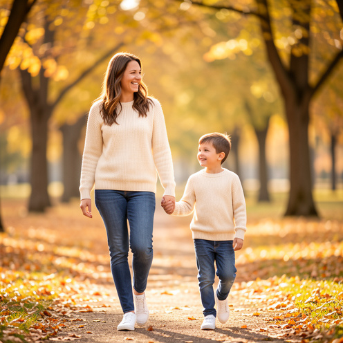 Une mère et son jeune fils portent des vêtements assortis et marchent main dans la main dans un parc en automne.