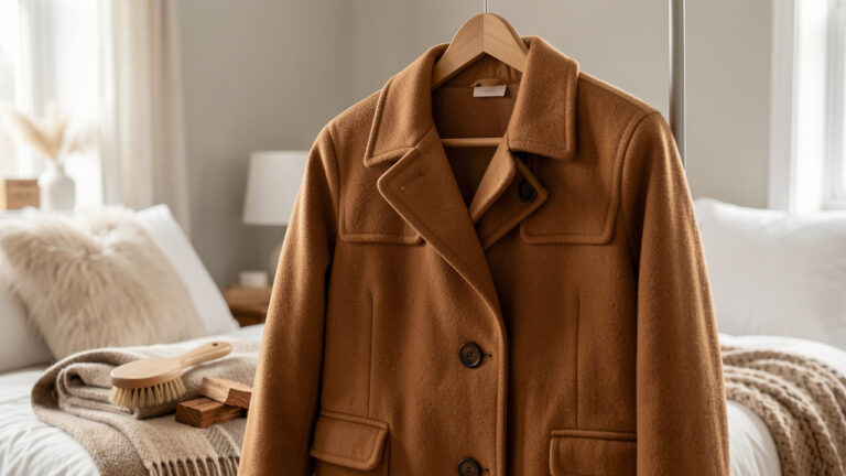 Duffle-coat en laine camel suspendu sur un cintre en bois, accompagné d’une brosse à vêtements et d’accessoires d’entretien hivernal.