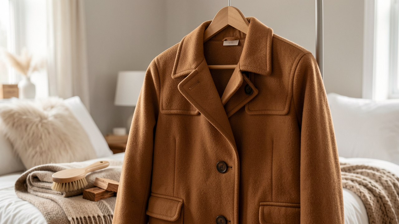 Duffle-coat en laine camel suspendu sur un cintre en bois, accompagné d’une brosse à vêtements et d’accessoires d’entretien hivernal.
