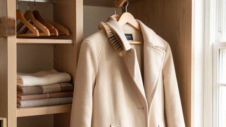 Manteau d’hiver en laine soigneusement brossé et suspendu dans une armoire bien organisée.