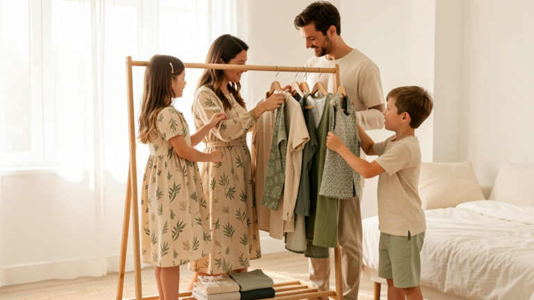 Une femme, un homme, une jeune fille et un jeune garçon portent des tenues familiales assorties aux imprimés botaniques et géométriques discrets dans une chambre lumineuse.
