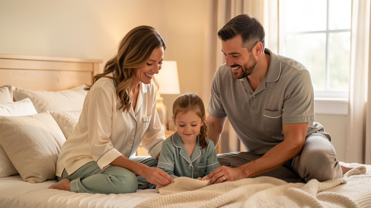 Une femme adulte, un homme adulte et une jeune fille portent des tenues de nuit coordonnées dans une chambre chaleureuse.