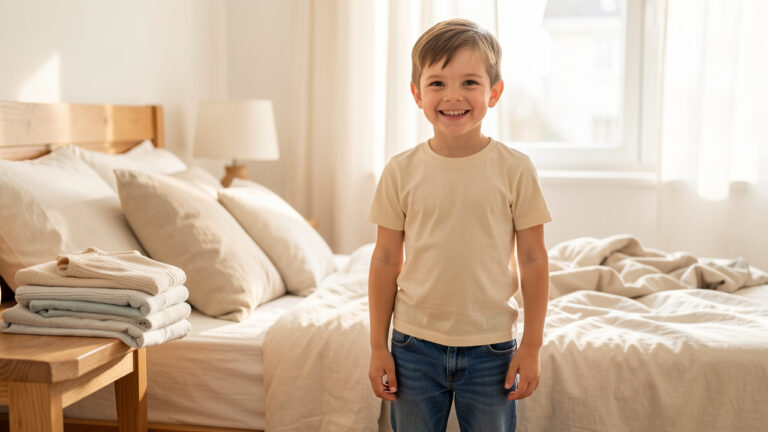 Garçon de 9 ans portant un jean bleu solide et confortable dans une chambre lumineuse, avec des vêtements du quotidien soigneusement pliés à côté de lui.