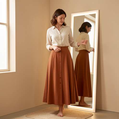 Femme portant une jupe longue boutonnée devant à la coupe évasée, dans une cabine lumineuse au style élégant.