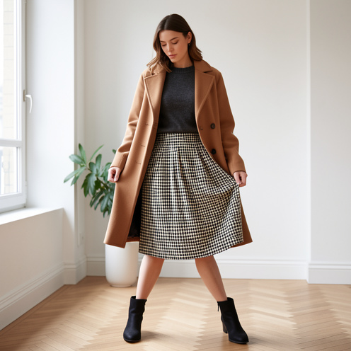 Une jeune femme porte une jupe pied-de-poule noire et crème avec un pull gris, des bottines et un manteau camel dans un intérieur lumineux.