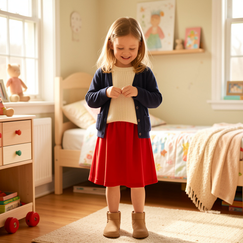 Fillette portant une jupe rouge avec un pull crème, un cardigan bleu marine et des bottines dans une chambre lumineuse.