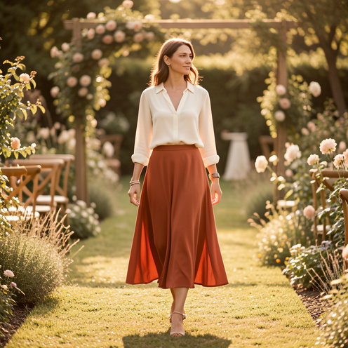 Femme portant une jupe midi terracotta avec un chemisier crème dans un jardin lumineux au style élégant et naturel.