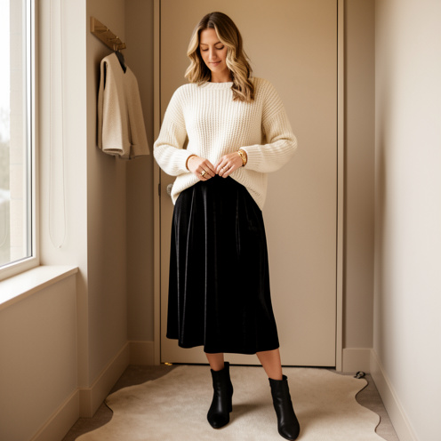 Femme adulte portant une jupe midi en velours noir avec un pull en maille écru, des bottines et des accessoires dorés dans un dressing moderne.
