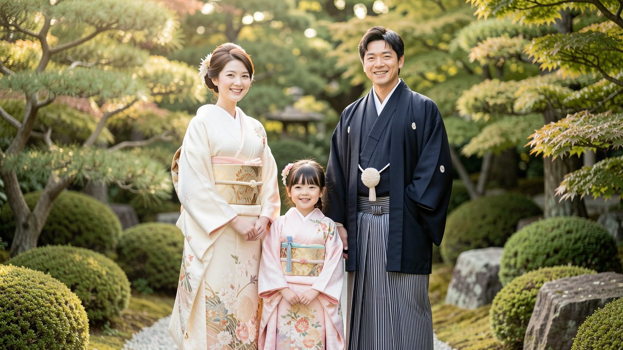 Une famille japonaise vêtue de kimonos coordonnés et élégants, posant dans un jardin lumineux pour un mariage.