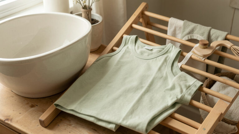 Débardeur en coton soigneusement plié près d’une bassine, d’un étendoir en bois et d’accessoires de lavage doux.