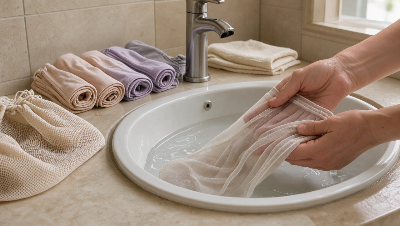 Bas délicats lavés à la main dans une bassine en céramique, avec un filet de lavage et des paires soigneusement roulées à proximité.