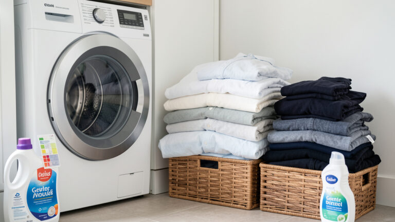 Vêtements assortis pour une mère et un enfant triés en piles claires et foncées près d’un lave-linge, avec une feuille anti-décoloration.