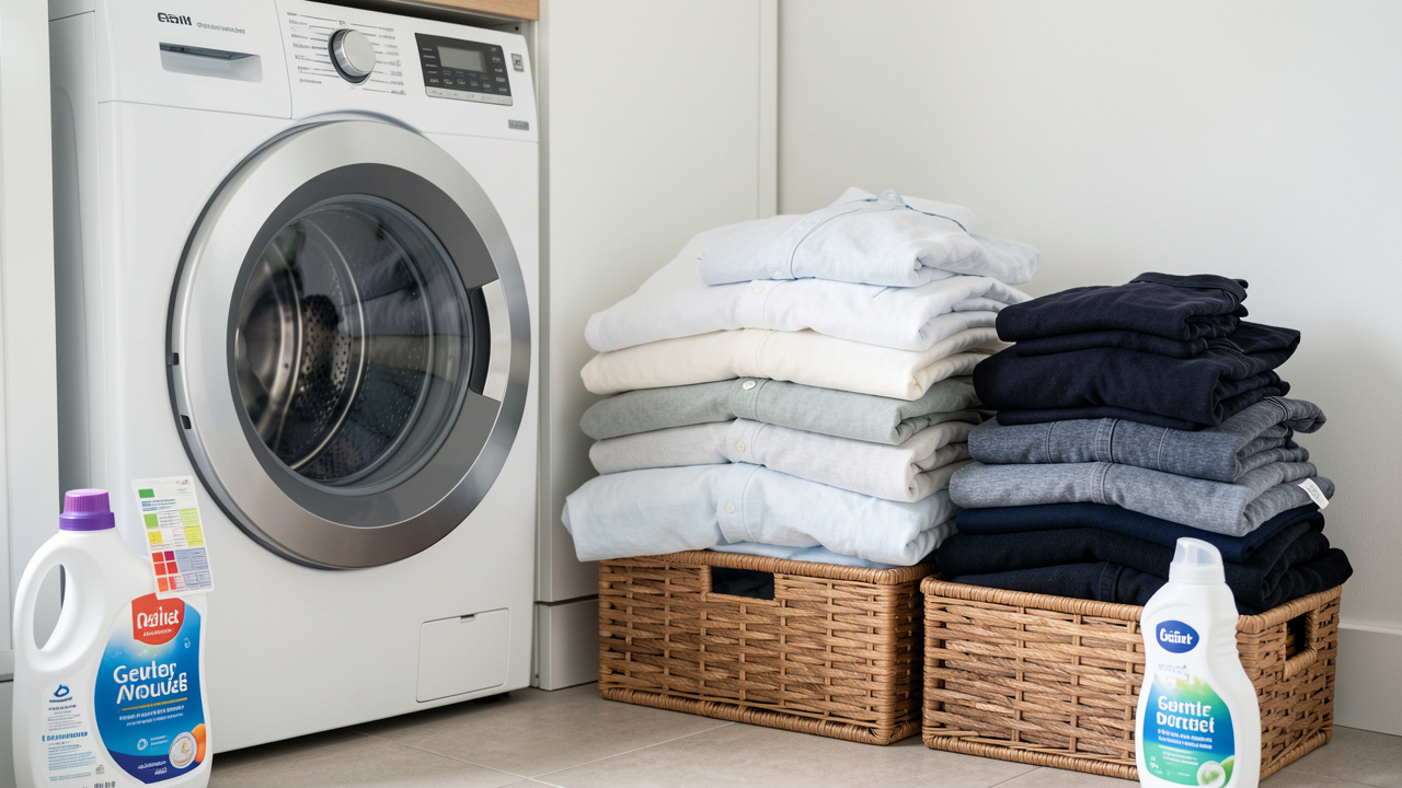 Vêtements assortis pour une mère et un enfant triés en piles claires et foncées près d’un lave-linge, avec une feuille anti-décoloration.