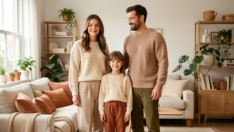 Une femme, un homme et une jeune fille portent des tenues familiales assorties dans des matières complémentaires comme la maille, le lin, le velours côtelé et la laine, avec une palette chaleureuse de beige, crème, terracotta et vert olive.