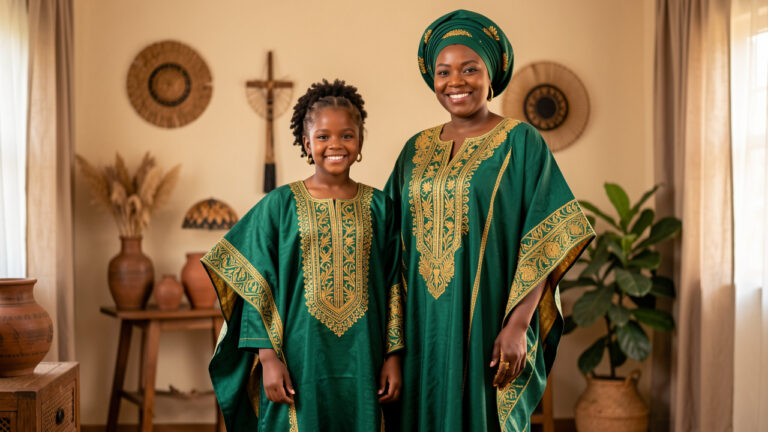 Une femme et une petite fille portent des boubous élégants assortis dans des tons vert émeraude et doré.