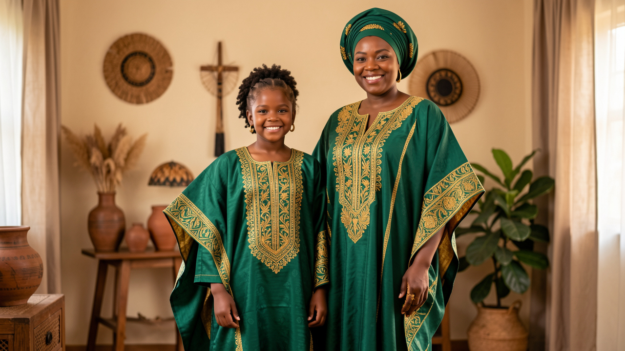 Une femme et une petite fille portent des boubous élégants assortis dans des tons vert émeraude et doré.