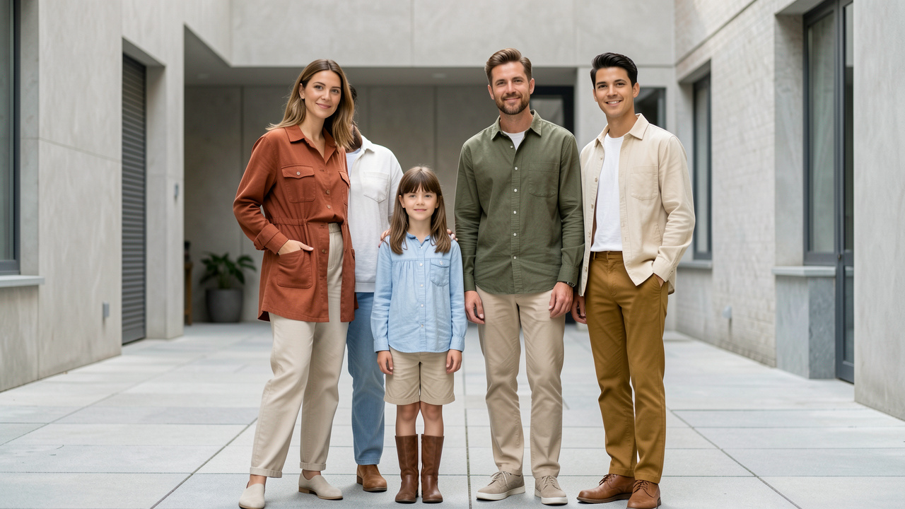 Une famille de quatre personnes présente cinq harmonies de couleurs dans des tenues quotidiennes coordonnées, avec des tons terracotta, bleu doux, vert olive, beige crème et moutarde.