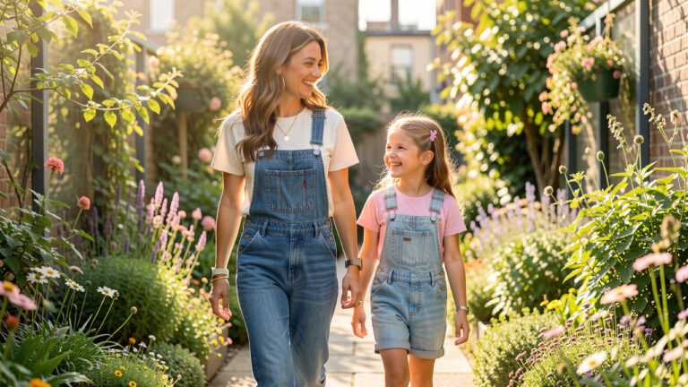 Une femme et une jeune fille portent des salopettes en jean assorties avec des chemises pastel et des accessoires différents, dans un jardin urbain lumineux.