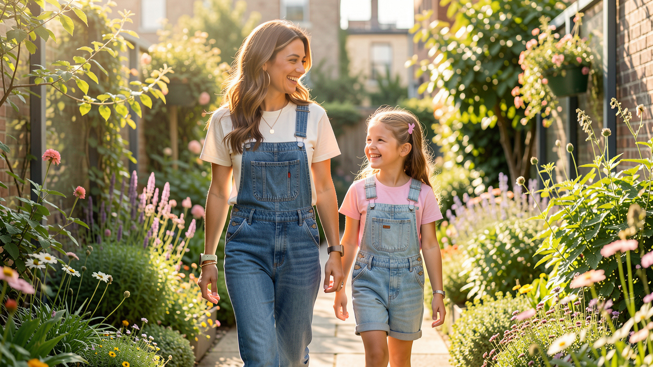 Une femme et une jeune fille portent des salopettes en jean assorties avec des chemises pastel et des accessoires différents, dans un jardin urbain lumineux.