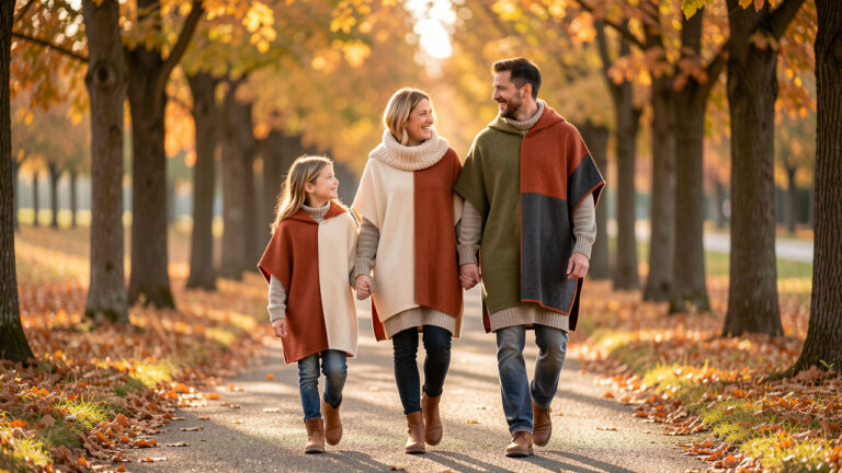 Une famille composée d’une femme, d’un homme, d’une fille et d’un garçon porte des ponchos en laine assortis dans des tons terre cuite, crème, olive et anthracite lors d’une promenade automnale.