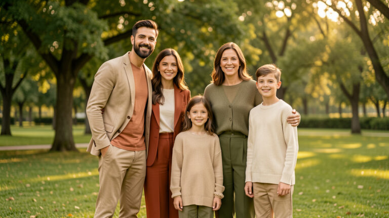 Une famille de quatre personnes pose dans un parc avec des tenues coordonnées dans des tons beige, terracotta, vert olive et crème.