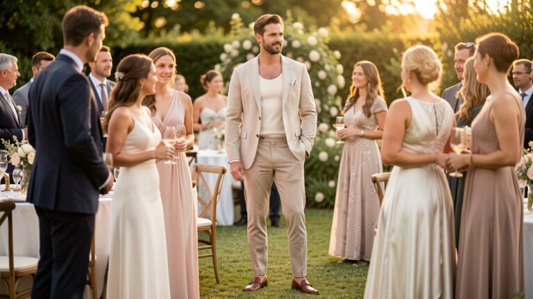 Un homme élégant porte un marcel ivoire sous une veste en lin beige lors d’un mariage familial en plein air.