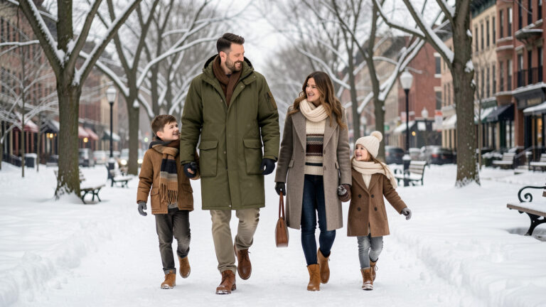 Un homme en parka vert olive marche dans un parc enneigé avec une femme, un garçon et une fille portant des tenues d’hiver coordonnées.
