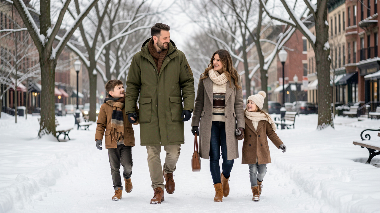 Un homme en parka vert olive marche dans un parc enneigé avec une femme, un garçon et une fille portant des tenues d’hiver coordonnées.