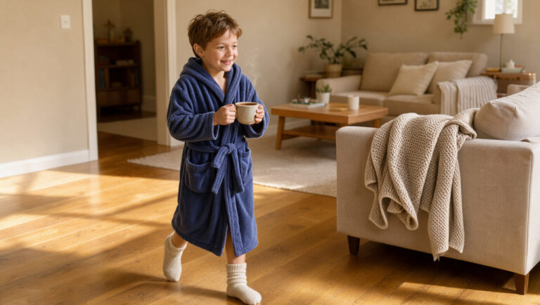 Jeune garçon portant une robe de chambre bleu marine dans un salon chaleureux baigné de lumière matinale.