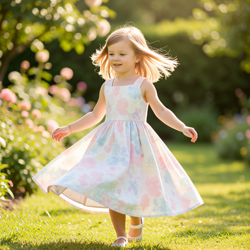 Fillette portant une robe d’été légère et confortable dans un jardin ensoleillé.