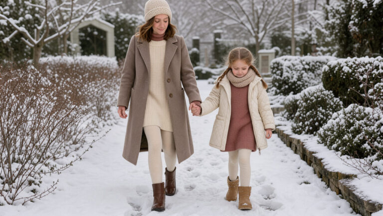 Une mère et sa jeune fille portent des robes pull assorties dans des tons doux, lors d’une promenade dans un jardin enneigé.