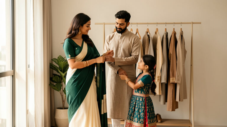 Une famille présente des tenues élégantes et coordonnées autour d’un sari contemporain dans un intérieur moderne.